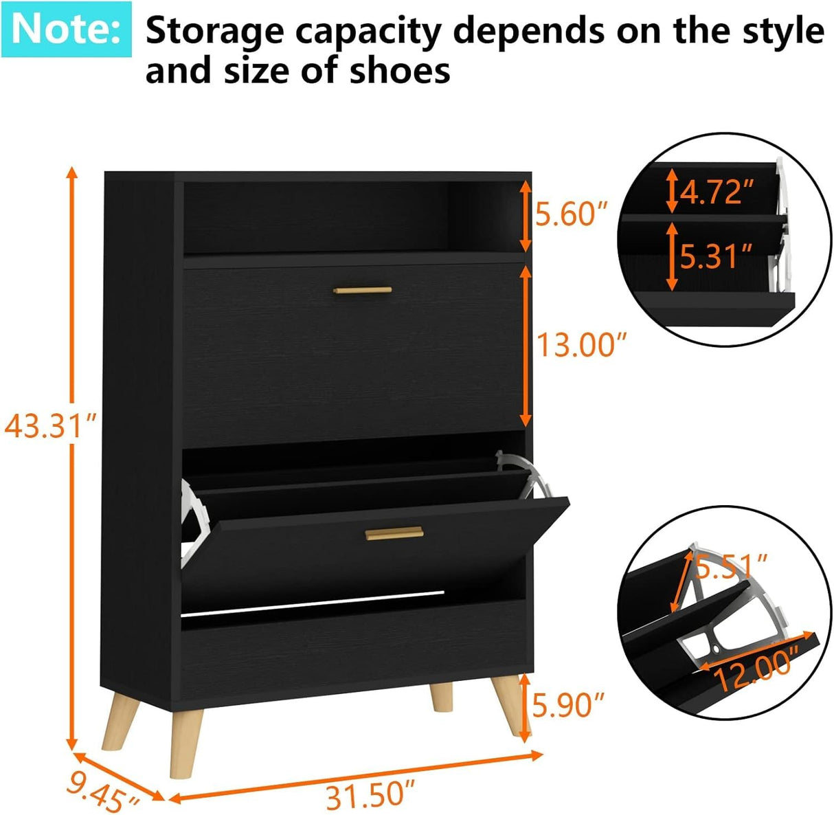 Gyfimoie Entryway Shoe Storage Cabinet with 2 Flip Drawers, FreestandingShoe Organizer for Entryway, Narrow Shoe Rack Cabinet (Black) Gyfimoie