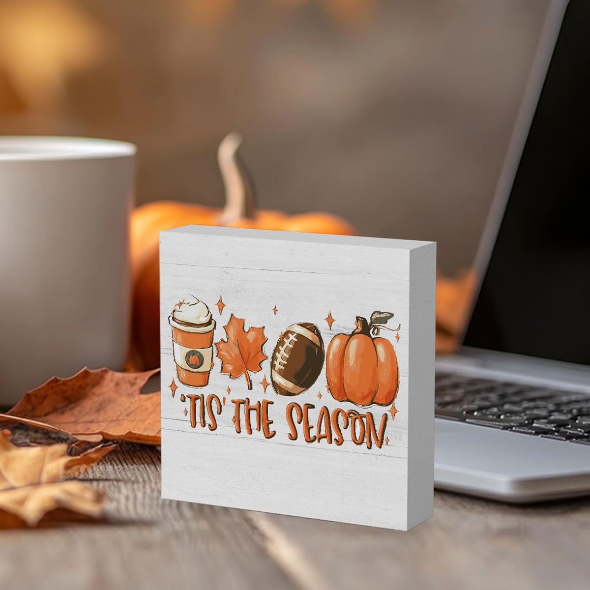 Rustic Tis' the Season Pumpkin Wood Box Sign, Farmhouse Retro Fall Artwork Decor, Autumn Harvest Thanksgiving Wooden Square Sign Desk Block Signs Home Shelf Office Decoration 5 x 5 Inches WRSUNT