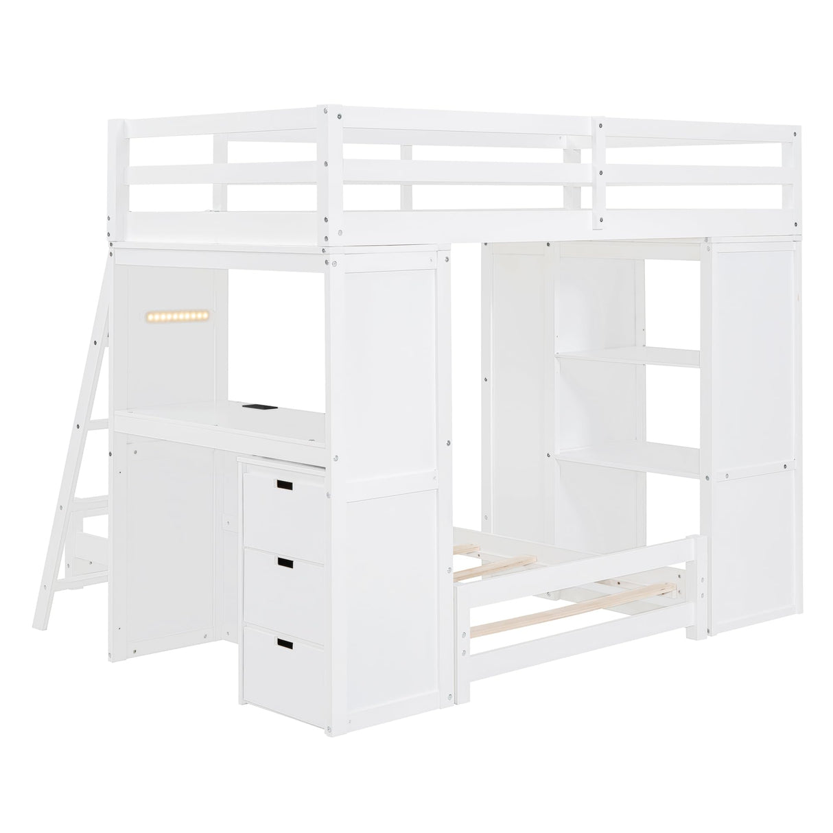 CITYLIGHT Twin Over Twin Bunk Beds with Storage,Desk,USB Ports and LED Light,Wood Twin Loft Bed with Movable Lower Bed,L Shaped Bunk Bed for Kids,Teens,Adults,No Box Spring Needed (White) CITYLIGHT