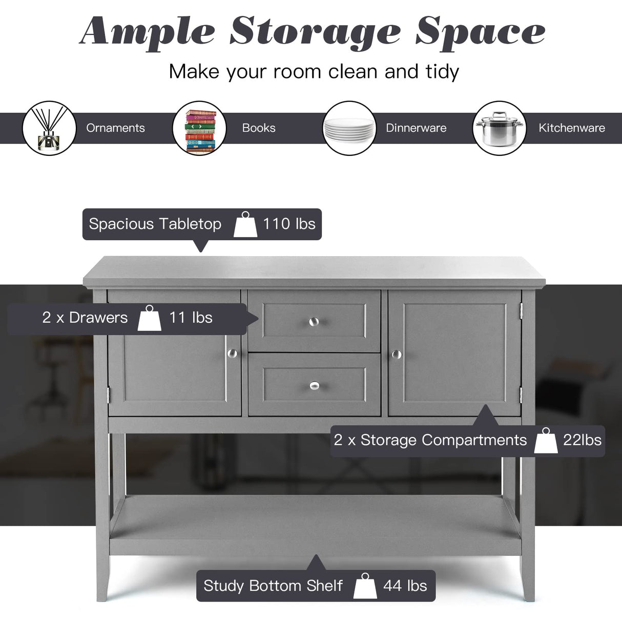 HAPPYGRILL Buffet Sideboard Solid Wood Storage Cabinet Console Table with 2 Drawers & Shelf, Buffet Server Cupboard for Kitchen, Entryway, Living HAPPYGRILL