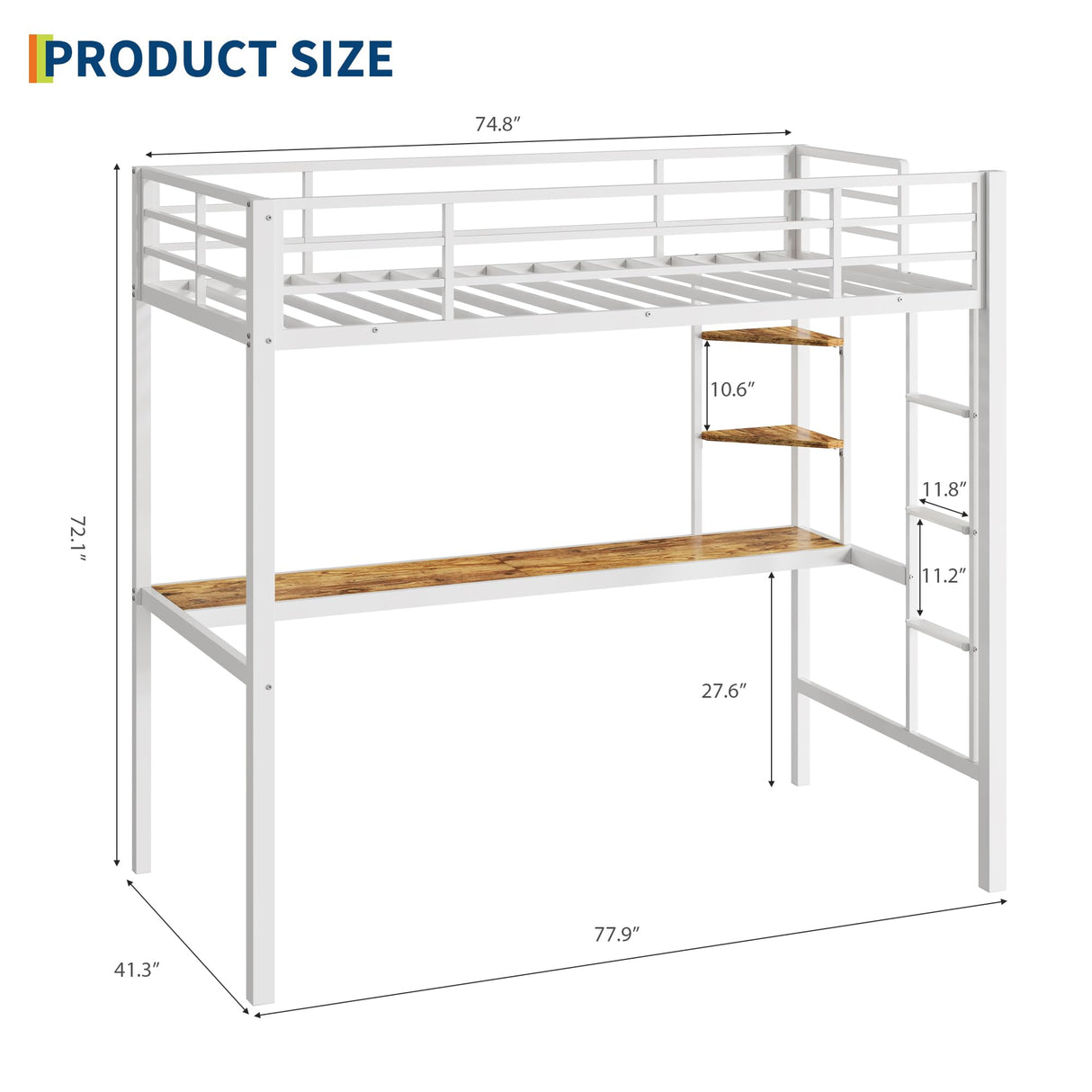 GarveeHome Loft Bed Twin Size with Large Desk and 2-Tier Storage Shelves, Heavy Duty Metal Loft Bed with Ladder and Guardrail for Kids and Adults, Steel Slats Support, Space Saving, White and Brown GarveeHome