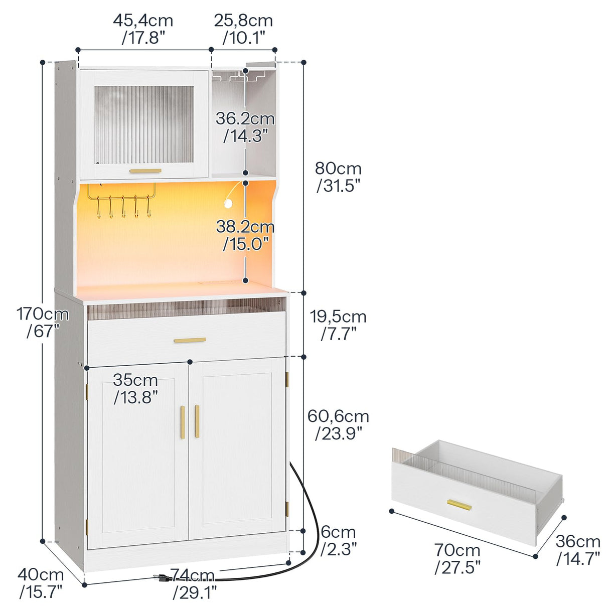 HOOBRO Pantry Cabinet, 67" Kitchen Pantry Storage Cabinet with LED Lights and Charging Station, Modern Hutch Cabinet with Microwave Stand, Cup and Goblet Holders, Shelves for Kitchen, White HOOBRO