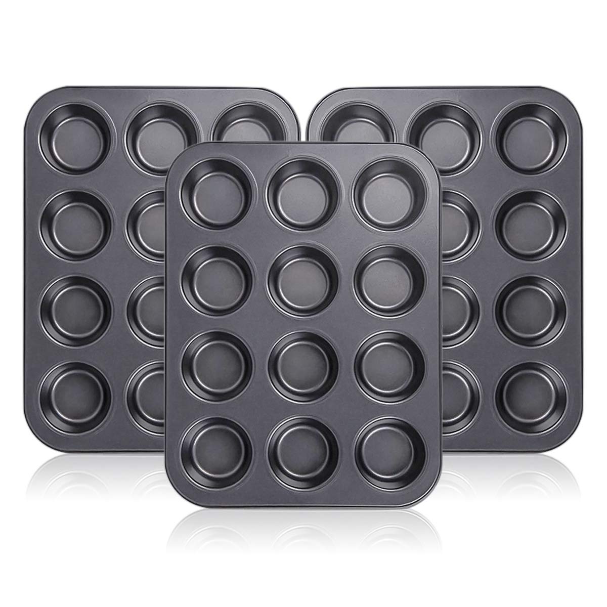 Kingrol 12-Cup Muffin & Cupcake Pans, Set of 3 Baking Pans, Non-stick Bakeware, 1.1" Deep Kingrol