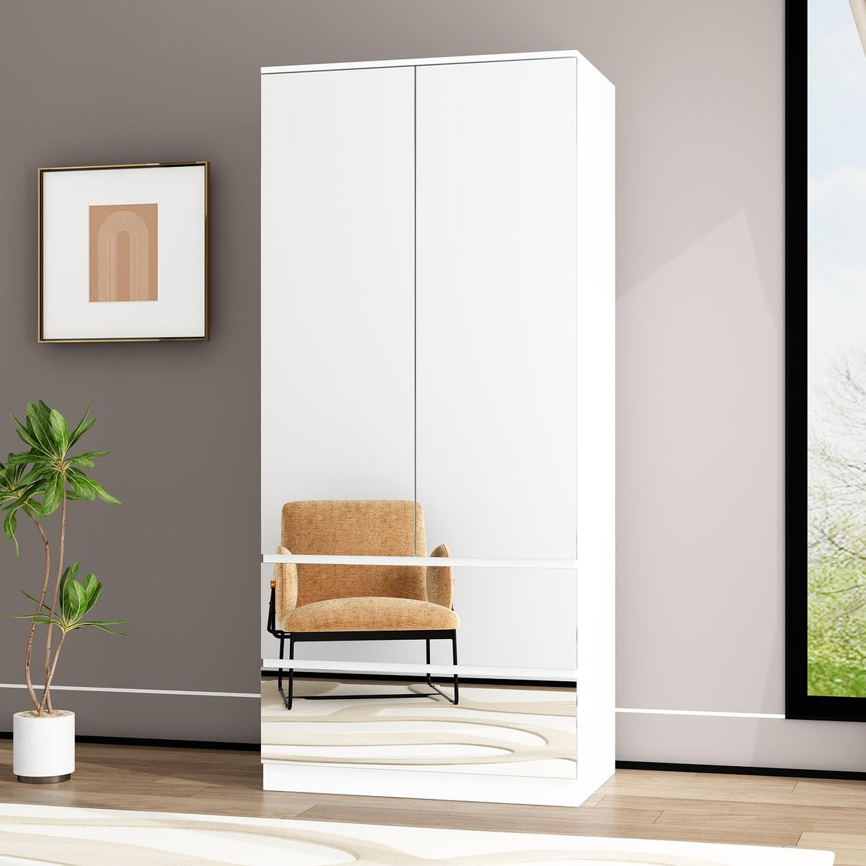 FUFU&GAGA Wardrobe with Mirror Doors, White Bedroom Armoire with 2 Drawers, Hanging Rod, Mirrored Closet Modern Clothes Storage Cabinet for Bedroom Cloakroom, 31.5”W x 19.7”D x 70.9”H FUFU&GAGA