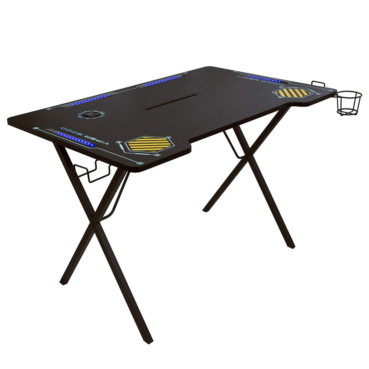 Atlantic Viper 3000 Gaming Desk – Single Laminated Surface, Heavy-Duty Steel X-Legs, Integrated LED, 3 USB 3.0 Ports, Smart Device Slot, Surge Protector Tray, Headset Hooks, PN 33906164 - Black Atlantic