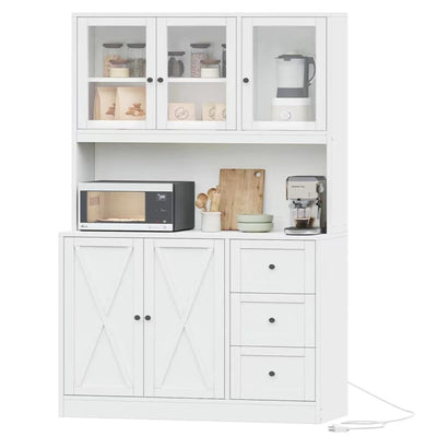 Irontar 70.9'' Kitchen Pantry Cabinet, Kitchen Hutch with Microwave Stand & Charging Station, Farmhouse Tall Kitchen Cabinet with Countertop, Bar Cabinet with Drawer and Glass Doors, White CWG011WE