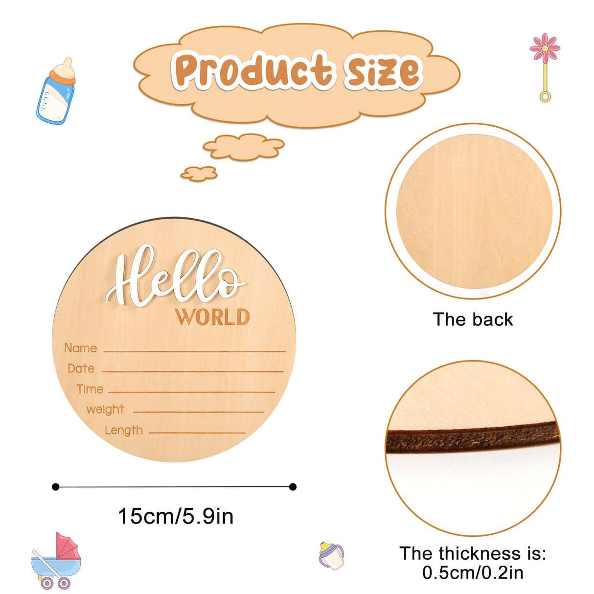 Baby Announcement Sign, 5.9 Inch Wooden Hello World Newborn Sign Birth Announcement Signs Baby Name Announcement Plaques for Photo Props Baby Shower NQEUEPN