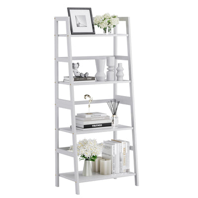 HITNET Ladder Shelf, 4 Tier Bookshelf, Floor Standing Bathroom Storage Rack with Bamboo Frame, Home Office Open Display Bookcase, White