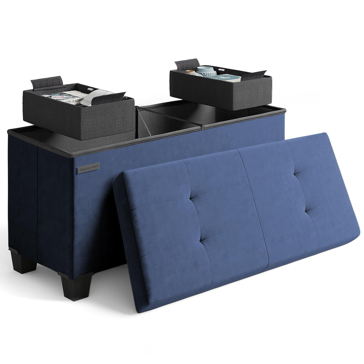 STORAGEBUD Storage Ottoman Bench with Bins, 30-in Storage Bench for Bedroom End of Bed, Folding Foot Rest Ottoman for Living Room Max 660lbs, Velvet Ottomans, Blue STORAGEBUD