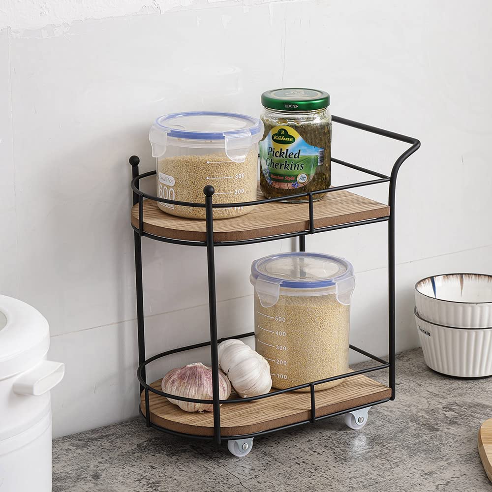 SunArtHome Two-Tier Matte Black Metal Wire/Wood Coffee Bar Cart - Mini Rolling Utility Cart Tiered Tray - for Coffee Bar Table Organizer,Home Kitchen Shelf, Farmhouse Décor SunArtHome