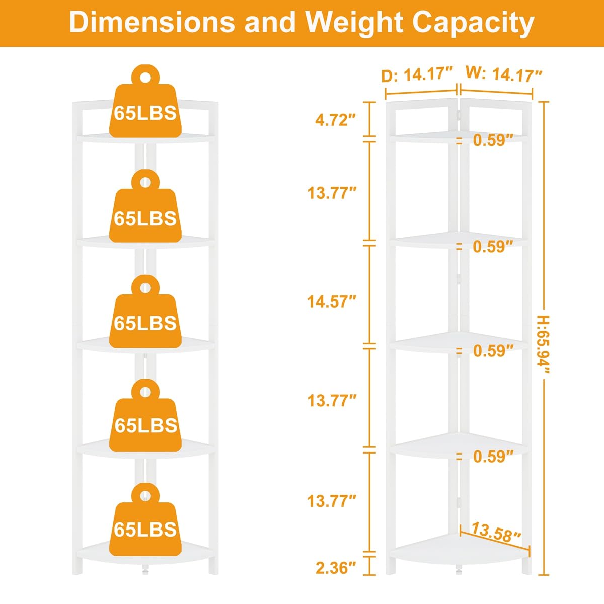 FATORRI Tall Corner Shelf, 5 Tier Modern Corner Bookshelf Stand, Wood and Metal Corner Plant Bookcase for Living Room, Home Office (White Oak) FATORRI
