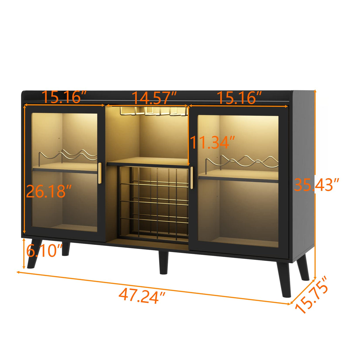 GYFIMOIE Modern Wine & Cocktail Cabinet with LED Light, Home Bar w Wine Rack and Glass Holder, Kitchen Buffet with Storage, Freestanding Liquor Cabinet (Black) Gyfimoie