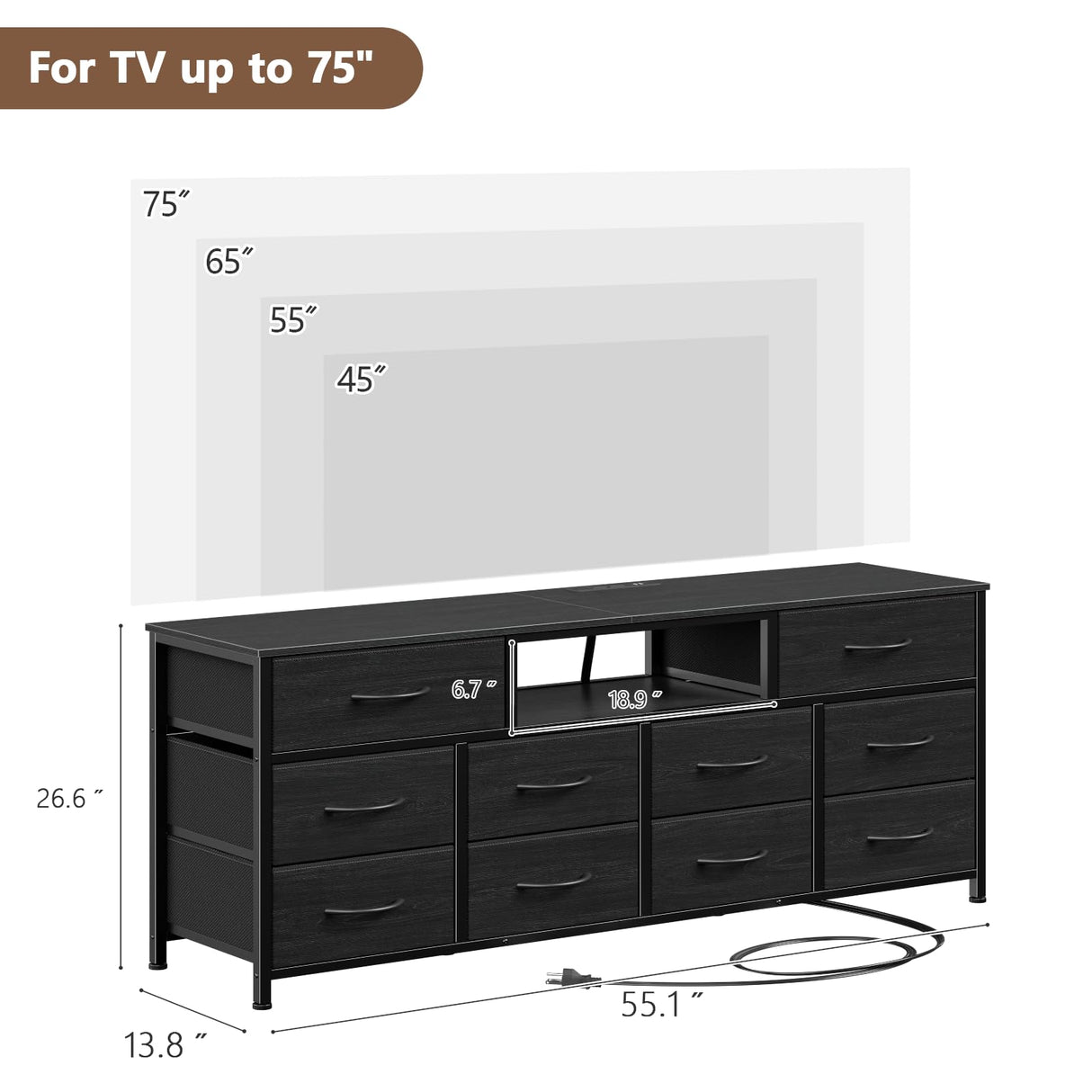Furnulem 55” Long Dresser for Bedroom, TV Stand for 55 to 65 inch TV, Black Dresser with 10 Fabric Drawers, Chest of Drawer for Closet, Entertainment Center with Power Outlet & LED Light Furnulem