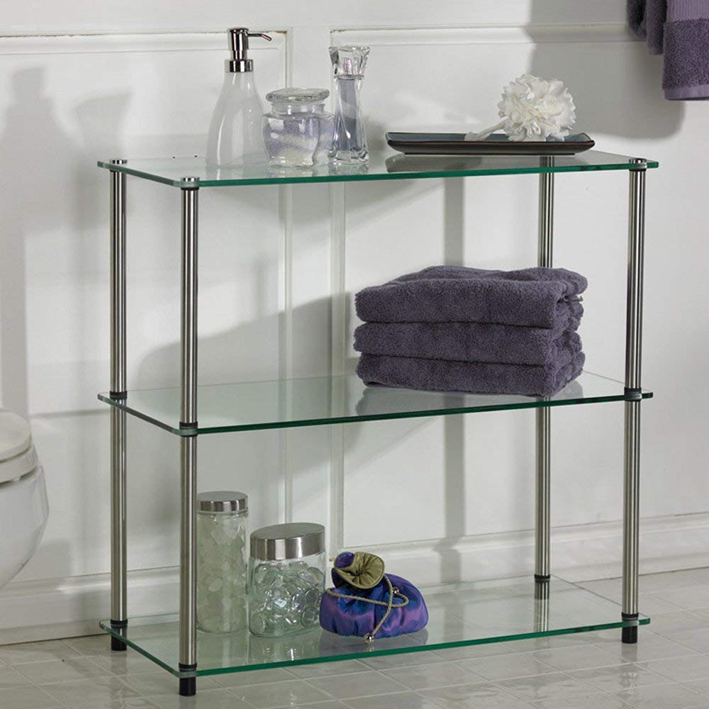 Convenience Concepts Designs2Go Classic Glass 3-Tier Bookshelf 28" - Modern Media Stainless Steel Bookcase for Living Room, Display Storage Shelves for Family Room, Bathroom, Office, Glass/Chrome Convenience Concepts