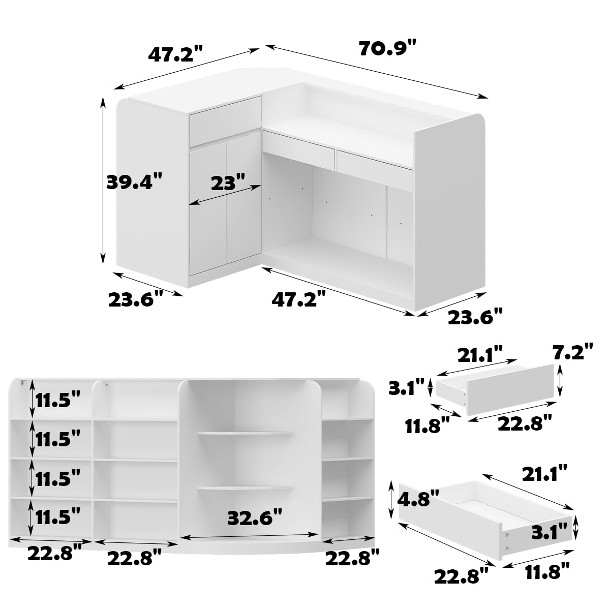 ECACAD Large L-Shaped Reception Desk with 3 Drawers, 15 Open Shelves, Counter Top & Monitor Stand, Office Desk Reception Counter Table with File Cabinet, White (70.9”L x 47.2”D x 39.43”H) ECACAD