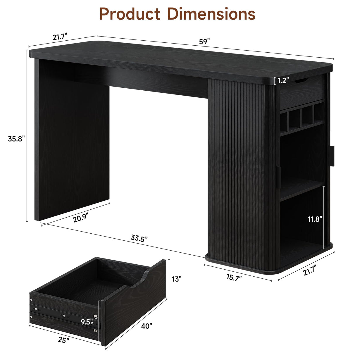 ONBRILL 59 Inch Kitchen Island with Storage, Fluted Counter Height Table, Mid-Century Modern Kitchen Island Table with Sliding Door, Home Bar Tables with Wine Rack and Drawers Black ONBRILL