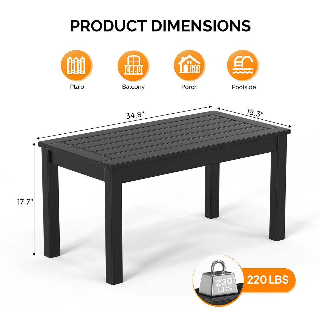 VINGLI Outdoor Coffee Table, HDPE Patio Coffee Table for Outside, All-Weather Rectangle Coffee Table for Deck, Garden, Balcony, Porch, Indoor & Outdoor Use (Black) VINGLI