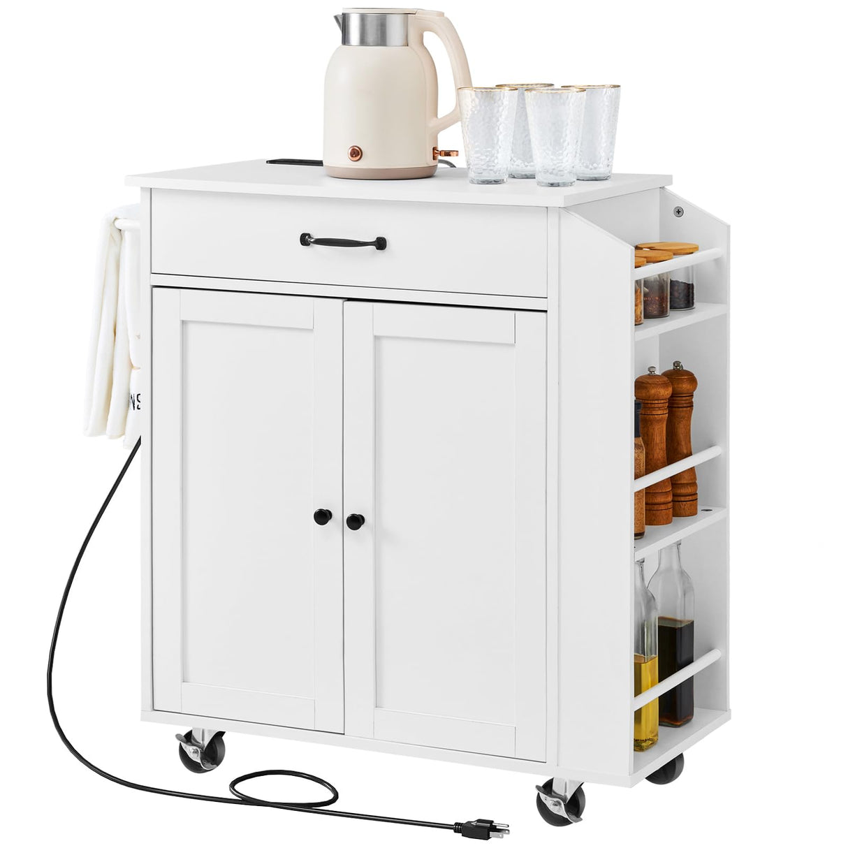 VEVOR Kitchen Island Cart, 32" Mobile Carts with Storage Cabinet, Rolling Table with Power Outlet, Spice Rack, Towel Bar, Adjustable Shelf, Drawer, Dining Living Room Portable Islands on Wheels, White VEVOR