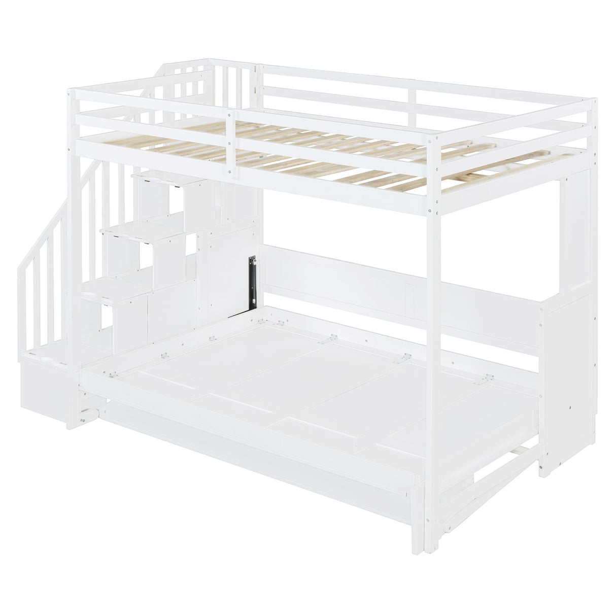 Merax Full Over Full Farmhouse Loft Bed with Murphy Cabinet Bed w/Hydraulic Lift, Solid Wood Wall Bunk Bed with Storage Staircase, Shleves & Desk/No Box Spring Needed/Easy Assemble/White Merax