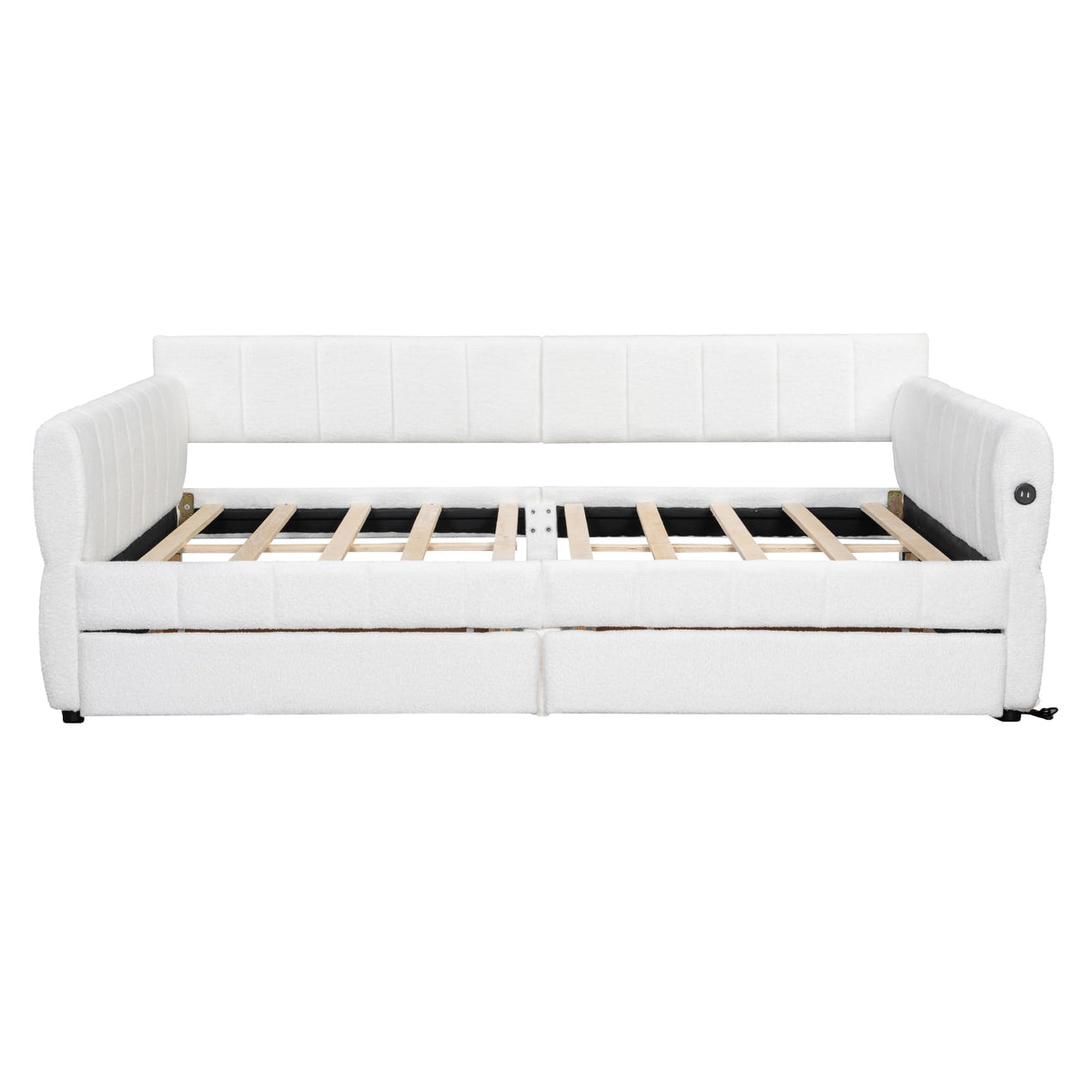 Bellemave Queen daybed with USB, Queen Corner Bed, Upholstered Bed Frame with 2 Drawers for Kids,Teens,Adults, Lambswool, White Bellemave