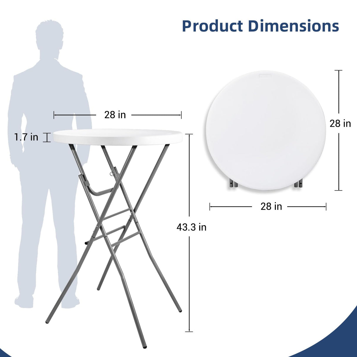 Byliable Cocktail Table 28in Folding Round High Top Indoor Outdoor with Removable Legs, Tall Bistro Foldable Bar Height Table for Parties, Patio, Backyard, Dining, Wedding, White- 2PCS Byliable