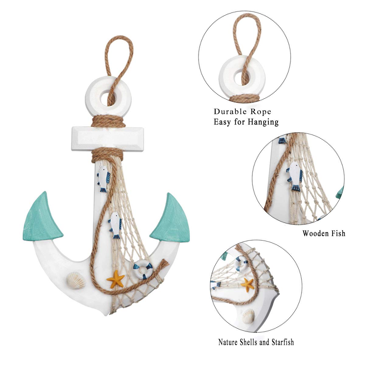 2 Pack 11" Nautical Beach Wooden Ship Wheel and 13" Wood Anchor with Rope Nautical Boat Steering Wheel Rudder Anchor Wall Decor Door Hanging Ornament Beach Theme Home Decoration(White&Green) Meching