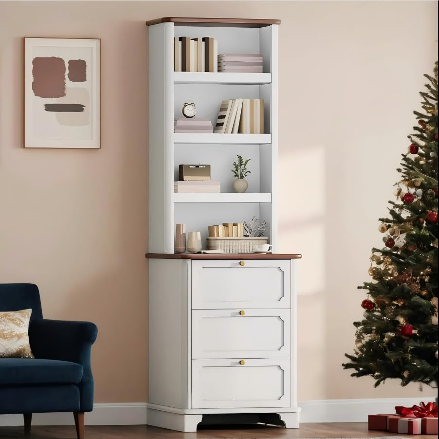 YITAHOME Bookcase with Drawers, 71" Tall Bookshelf with Storage & Adjustable Shelves, Wood Display Book Shelf Organizer with 3 File Drawers for Living Room, Bedroom, Home Office, White YITAHOME