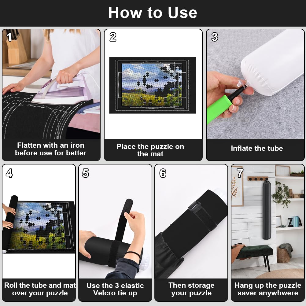 Ainiv Jigsaw Puzzle Mat Roll Up 2000 Pieces, 47” x 31.5” Portable Felt Puzzles Board with 4 Sorting Trays & Travel Storage Bag, Jigsaw Saver Pad Keeper for Adults Teens, Black Ainiv