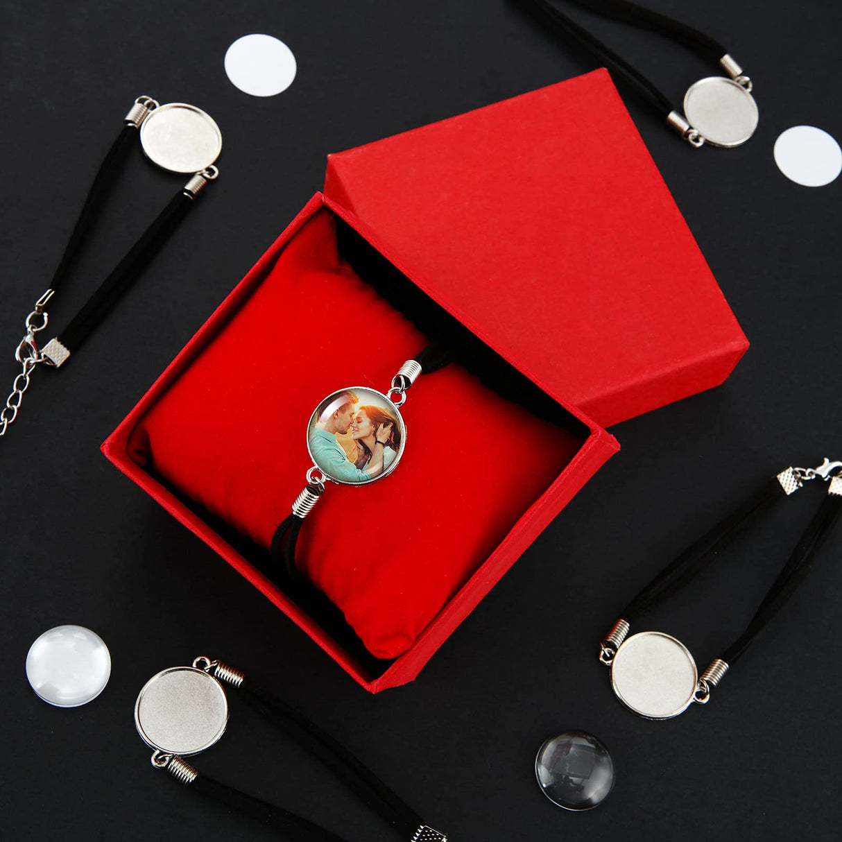 16 Pieces 20 mm Sublimation Bracelet Blanks Bezel Bracelet Tray Settings Faux Leather Base Tray Bangles with 16 Round Glass Cabochons and 16 Aluminum Sheets for Jewelry Making DIY Bracelets MTLEE