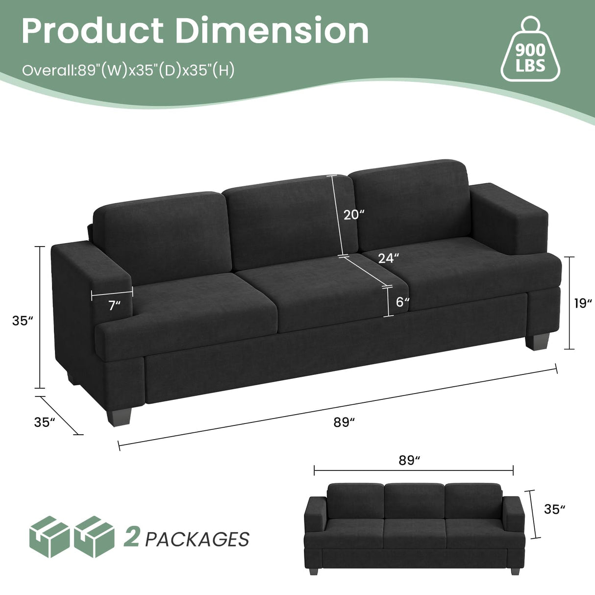 YOUDENOVA 2 Piece Set Comfy Sofa Couch, 3 Seater & Loveseat Sofa with Deep Seats, Modern Sleeper Couch for Living Room, Dark Grey Chenille YOUDENOVA