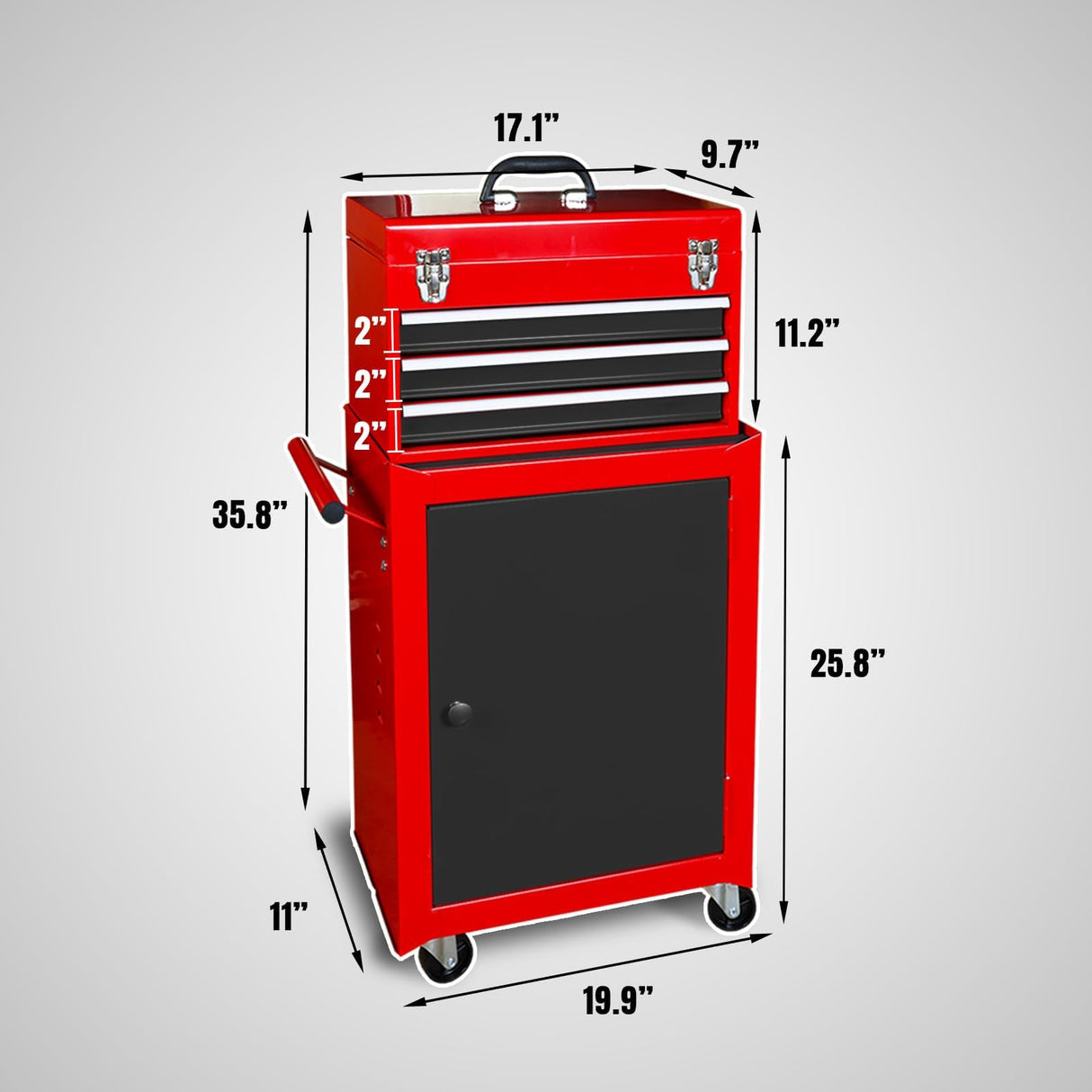 BIG RED ATBD134R-RB-4 Torin Rolling Garage Workshop Tool Organizer: Detachable 3 Drawer Tool Chest with Large Storage Cabinet and Adjustable Shelf, Red/Black BIG RED