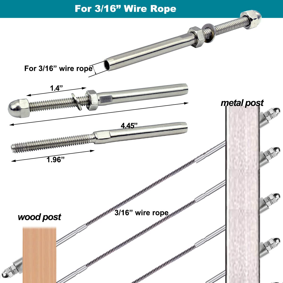 Sowtowe 3/16 T316 Stainless Steel Stud Tensioner Cable Railing Hardware 60pcs,for Wood & Metal Posts Cable Railing System Kit Sowtowe