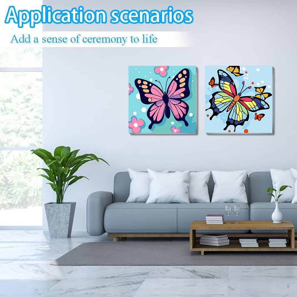 nekpiahu 2 Framed Butterfly Paint by Numbers Kit for Kids - Kids Paint by Number Kits Age 5-8-12, Easy Acrylic Oil Paint by Number for Kids 8x8inch nekpiahu