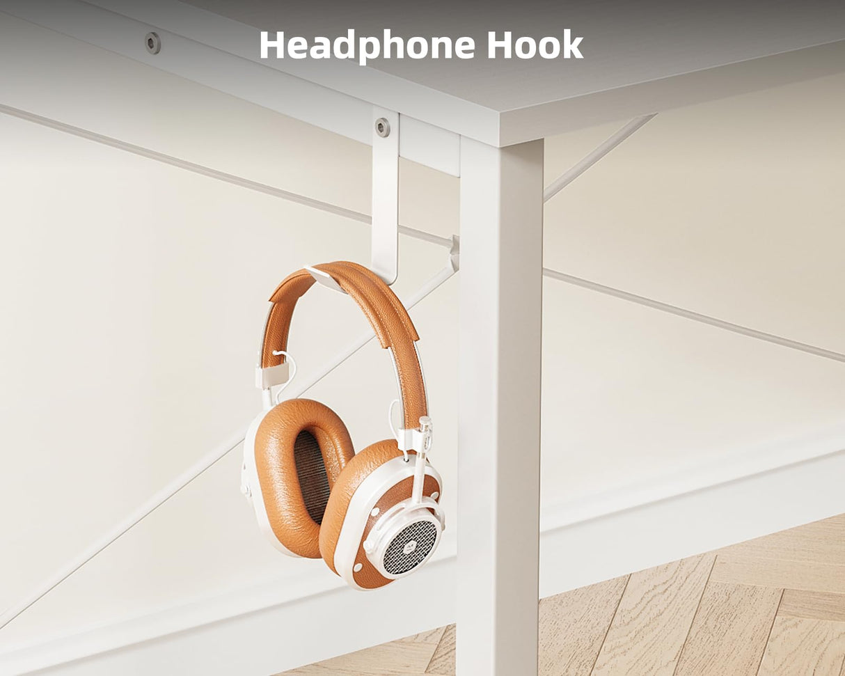 ODK Computer Desk - 40 Inch Office Writing Desk for Home, Student Study Desk with Storage Bag, Headphone Hook & Power Outlets, Modern Simple Table for Bedroom, White ODK