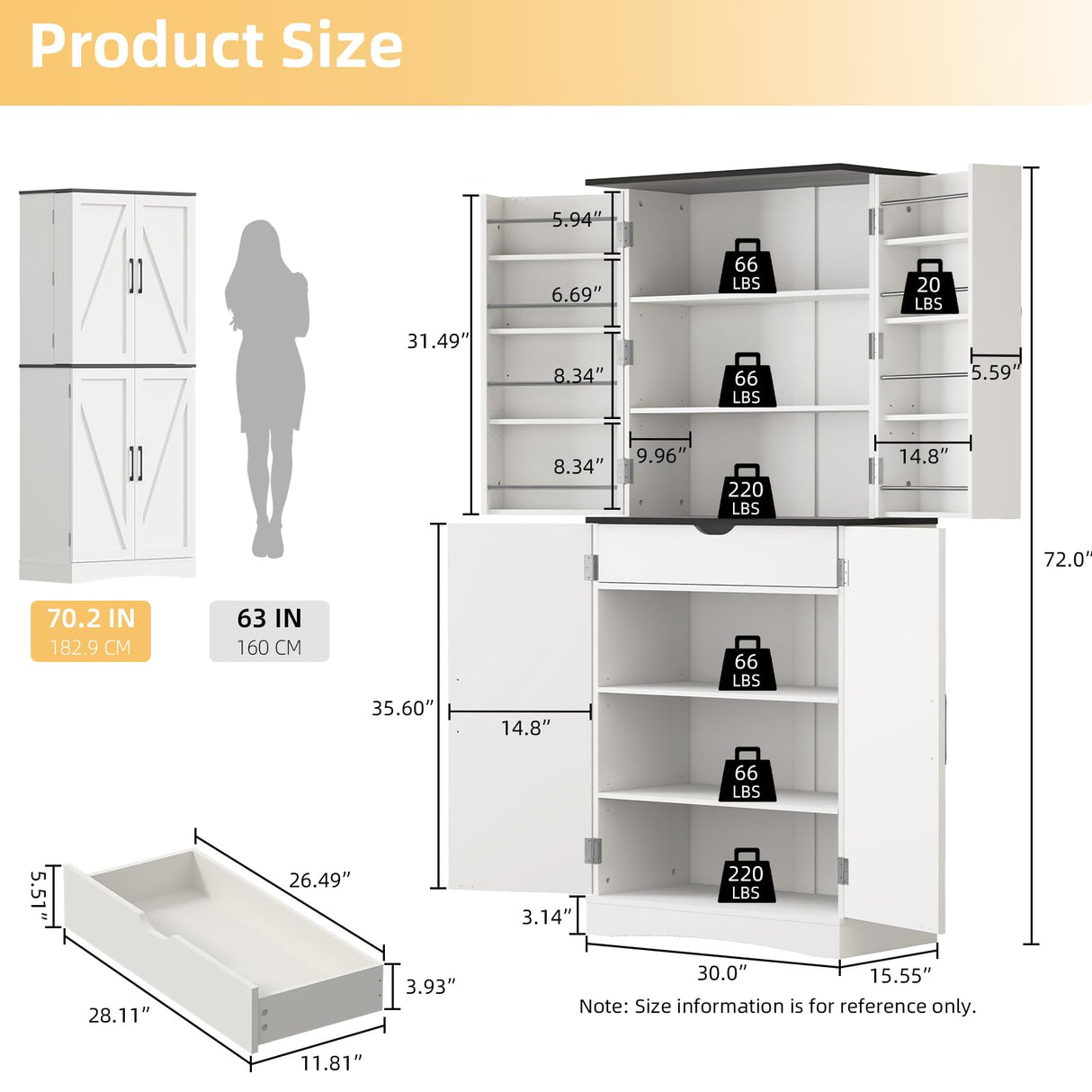 BREEZEHEAT 72" Tall Kitchen Pantry Cabinet, White Freestanding Farmhouse Pantry Storage Cabinet with 180° Swivel Doors, Adjustable Shelves & Drawer, Hutch Cabinet for Kitchen, Dining Room or Bathroom BREEZEHEAT