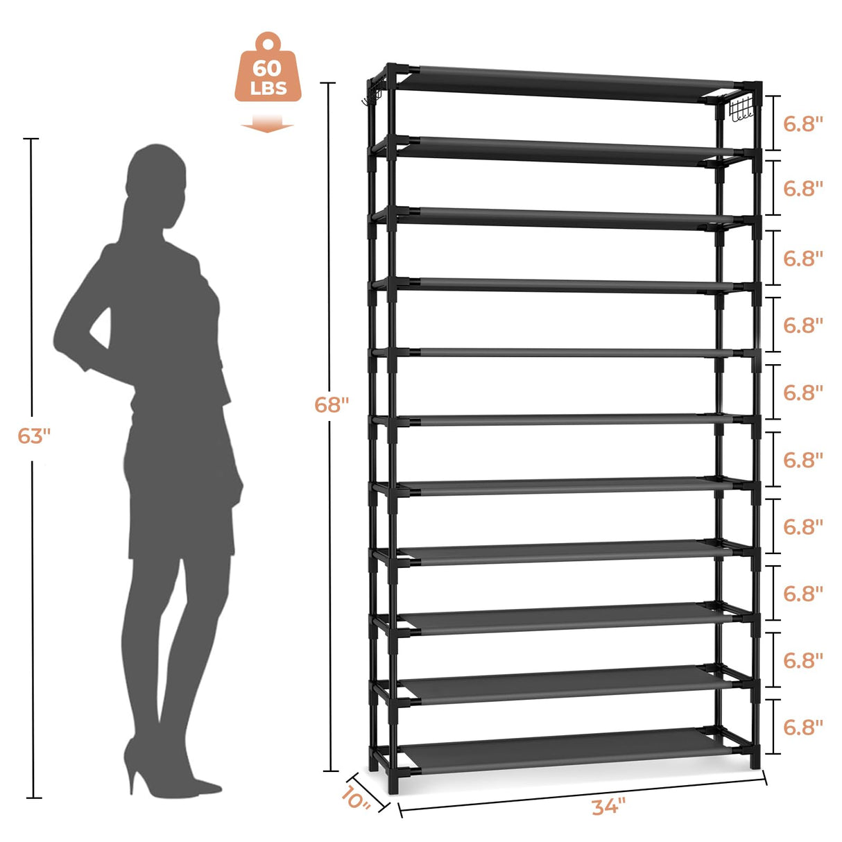VILICK 11 Tiers Tall Wide Shoe Rack 55 Pairs Large Capacity Sturdy Durable Shoe Rack for Closet Metal Shoe Organizer Shelf with Two Hooks Space Saving for Entryway Black VILICK