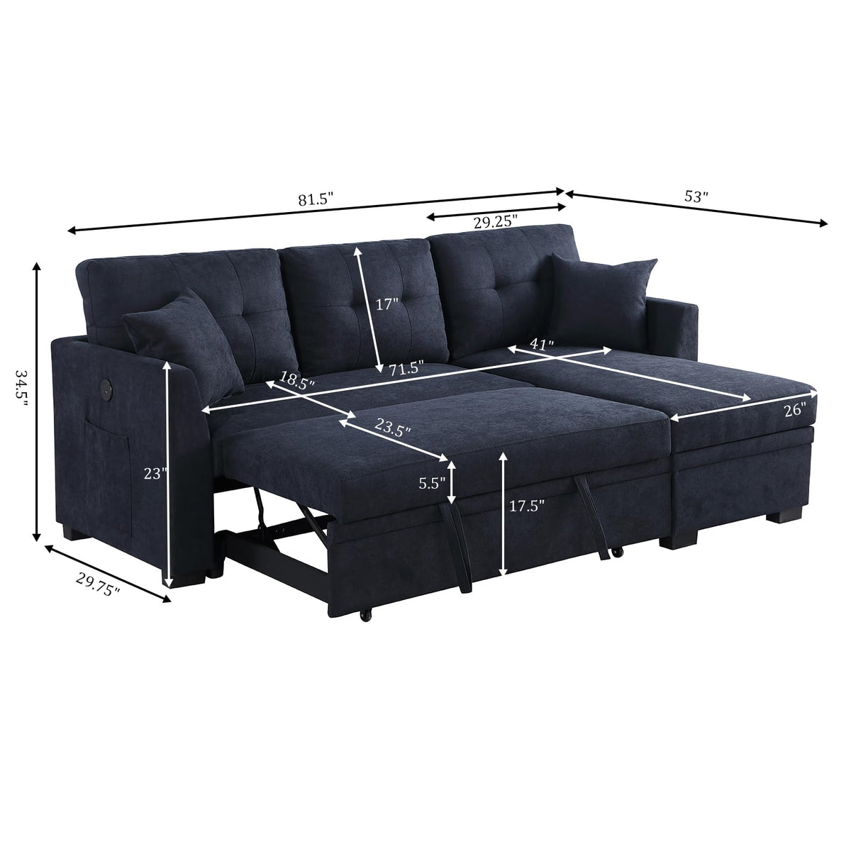 Yafylly L-Shaped Sofa with Storage and Pull-Out Bed, Convertible Futon Chaise Lounge with Ports, Recliner for Living Room, Bedroom, Apartment, Office, Dark Blue Yafylly