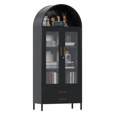 JAORD 73'' Arched Display Cabinet, Metal Freestanding Accent Kitchen Pantry Arch Cabinets with Glass Doors&Drawers for Storing Food China Book Curio Home Bookcase Living Room, Assemble Require, Black