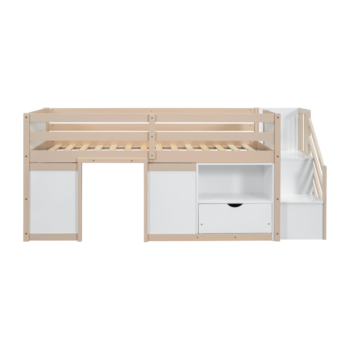 Bellemave Twin Size Low loft Bed for Kids,Wood Loft Beds,Modern Farmhouse Twin loft Bed,Loft Bed with Desk and Storage, No Box Spring Needed,for Kids, Cream White and Natural Bellemave