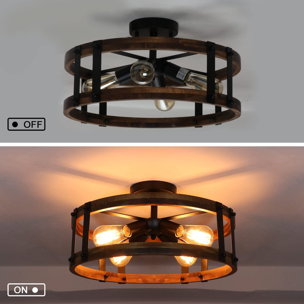 Voguad Semi Flush Mount Ceiling Light Fixture, Modern Farmhouse Wood Drum Ceiling Lamp, Rustic Close to Ceiling Lighting for Hallway Entryway Laundry Room Bedroom Voguad