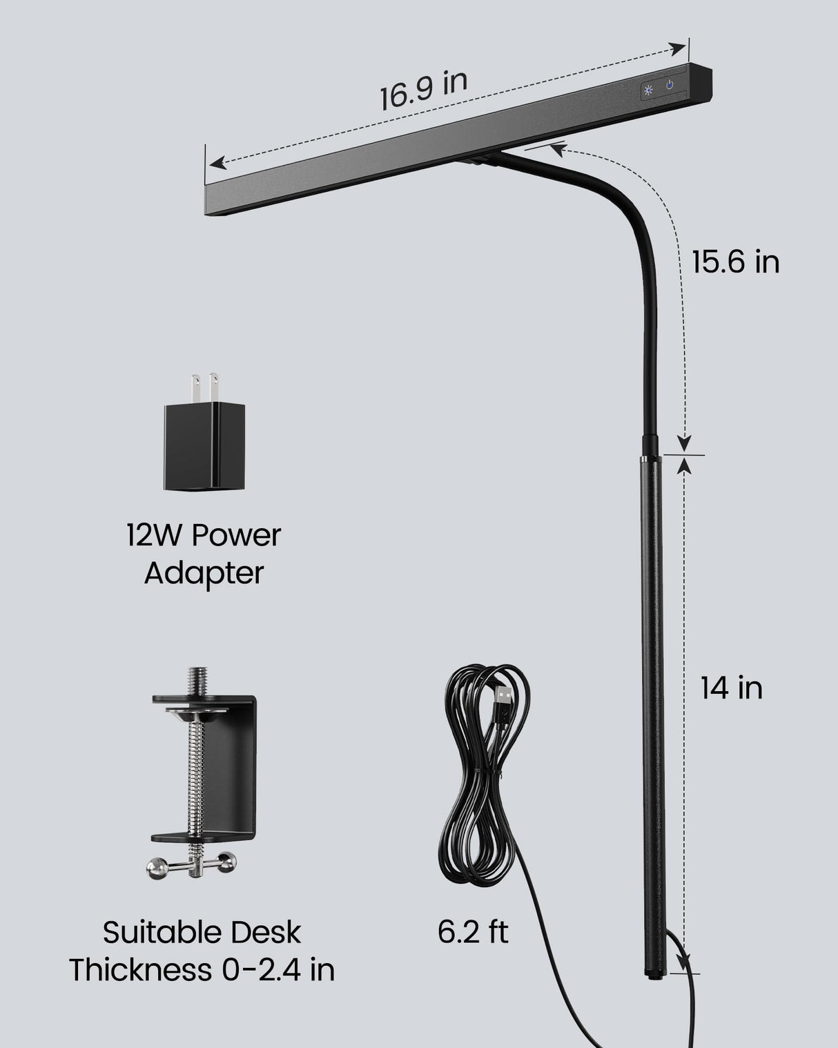 SUPERDANNY LED Desk Lamp for Office Home, Eye-Caring Desk Light with Adjustable Gooseneck, 12W Touch Control Dimmable Brightness, Architect Clamp Lamp with USB Adapter for Reading Study Workbench SUPERDANNY