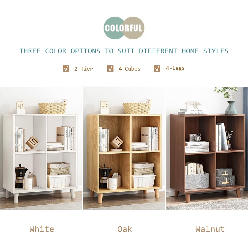 IOTXY Freestanding Open Cubes Bookcase - 2-Tier Floor Standing Wooden Storage Display Cabinet Organizer with Legs for Home Office, 4-Cubes Open Shelf Low Short Bookshelf, Walnut IOTXY