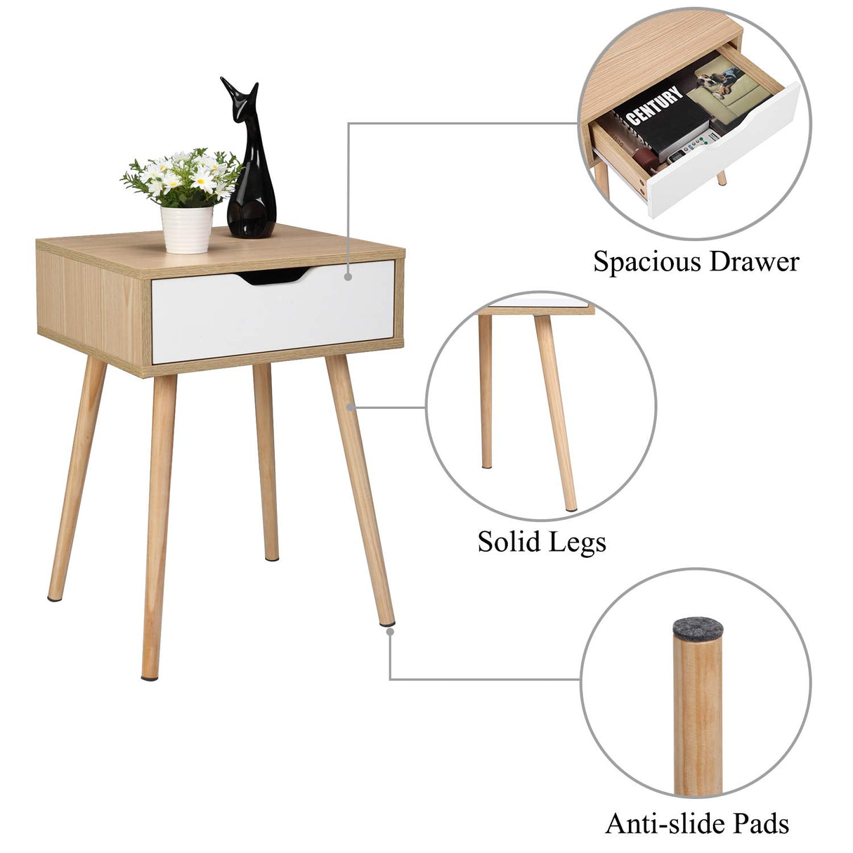 Bonnlo White & Nature Wood Nightstand End Side Table with Drawer & Solid Wood Legs for Living Room, Bedroom, Small End Side Table Bed Side Tables/Night Stands for Small Spaces, 18.2x15.7x24.4in Bonnlo