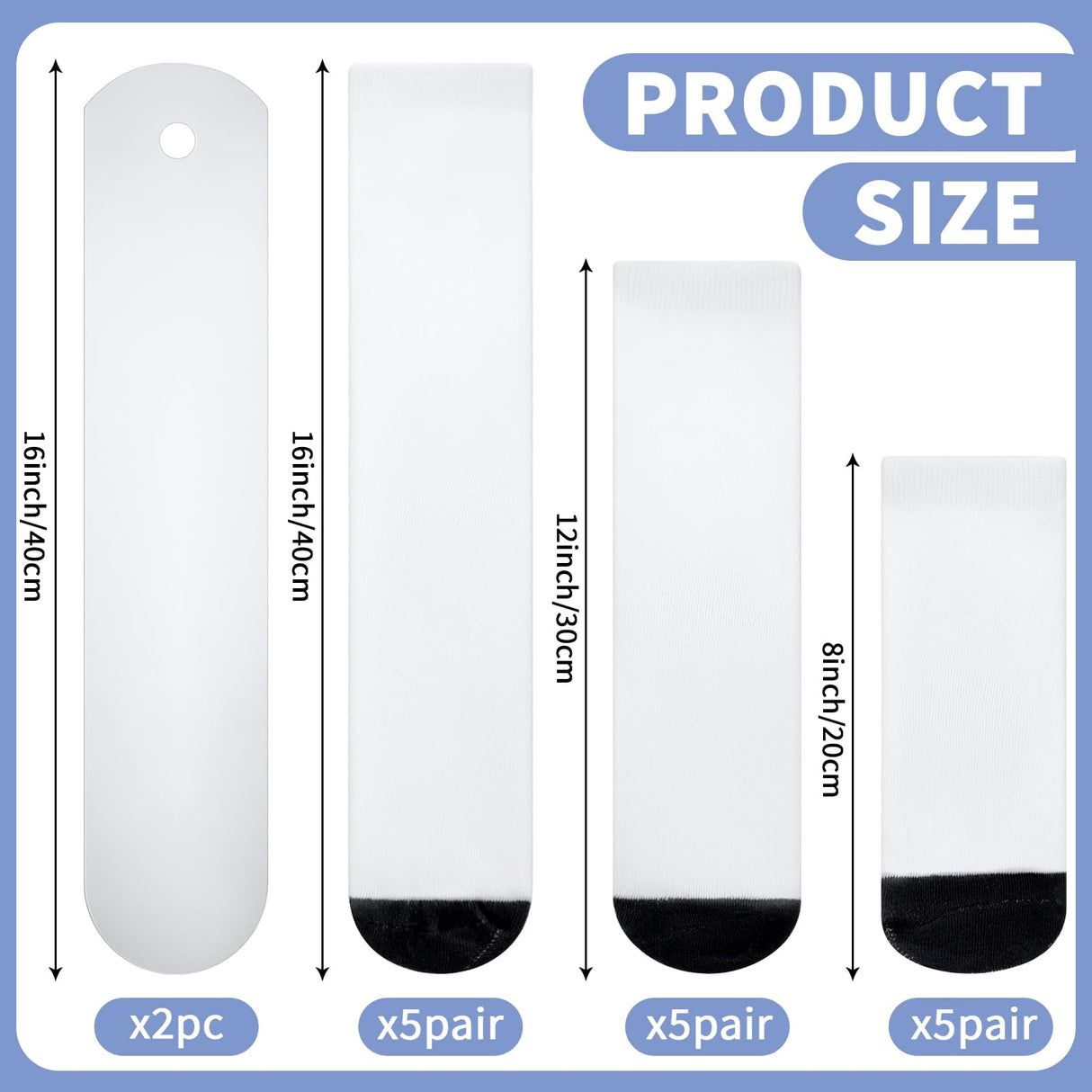 Toulite 15 Pairs White Sublimation Socks Blanks Polyester Socks Heat Transfer Socks 2 Pcs Metal Sublimation Sock Jig, 3 Sizes(Black Sole) Toulite