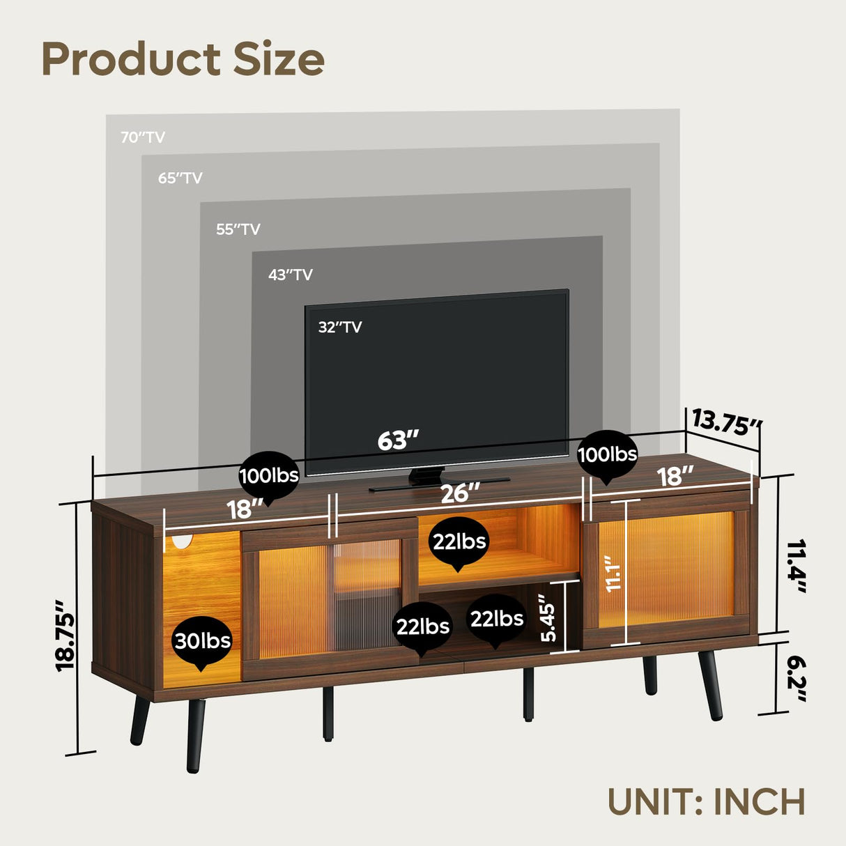 Bestier TV Stand for 75 Inch TV, 63” LED Entertainment Center with Sliding Acylic Doors, Modern TV Console with 2 Tier Storage Shelves, Media Console Table for Living Room Bedroom - Walnut Bestier