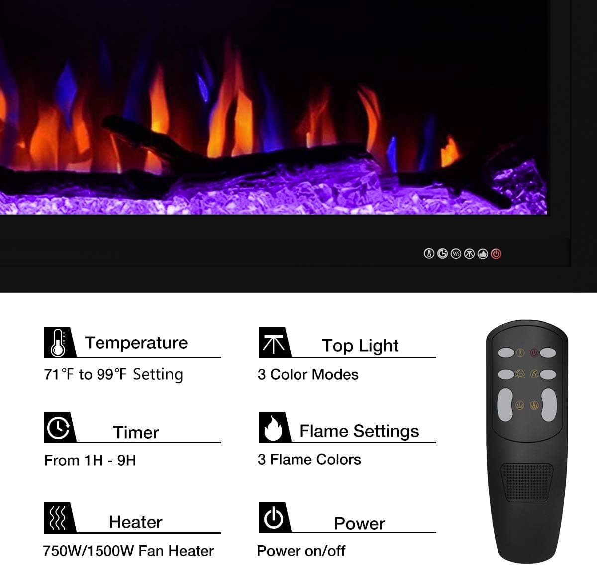 Valuxhome Electric Fireplace, 74 Inches Fireplace, Recessed and Wall Mounted Fireplaces for Living Room with Remote, Overheating Protection, Logset and Crystal, Touch Screen, 1500W/750W, Black Valuxhome