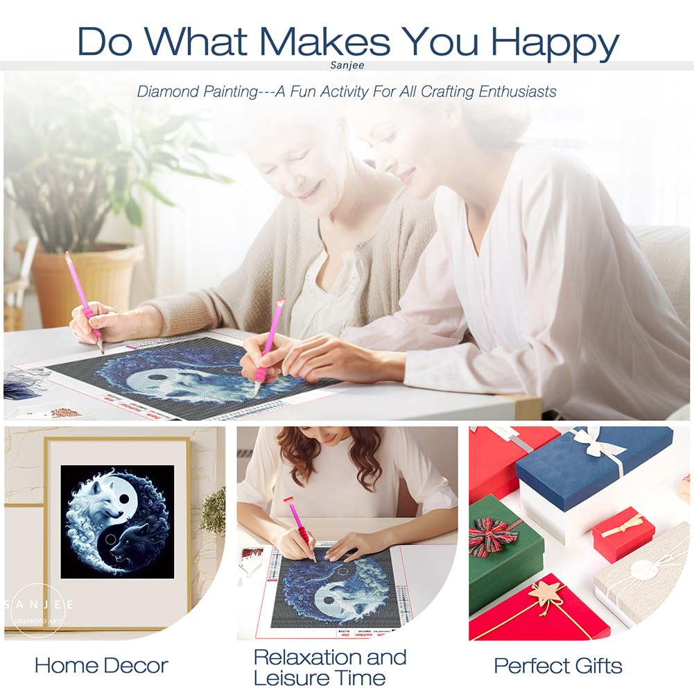 Sanjee Wolfs Diamond Art Kits for Adults, Yin-Yang Diamond Painting Kits for Beginner, 5D DIY Round Full Drill Gem Art Crafts for Home Wall Decor Gift, 12x12inch Sanjee