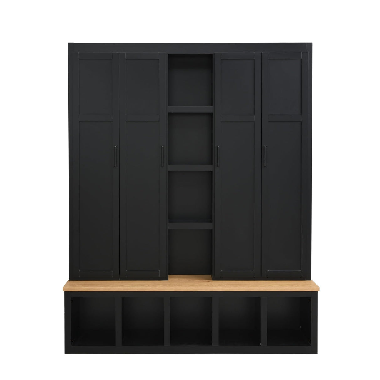 THINK 30 62.9" W Farmhouse 4-in-1 Hall Tree with 6 Hanging Hooks, Mudroom Wood Grain Bench with Open Compartments, Entryway Shoe Cabinet with Seating Bench for Living Room, Hallway, Black (Black) THINK 30