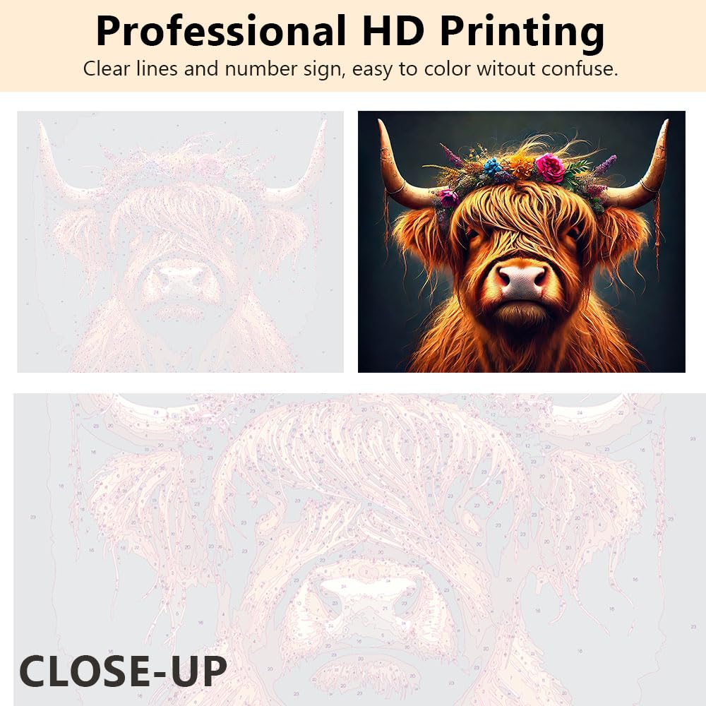 Highland Cow Paint by Numbers for Adults Beginners, Adult Paint by Number Kits Animal Theme, DIY Oil Painting for Gift Home Wall Decor (Wildlife Series) 16"x20" - Frameless TUMOVO