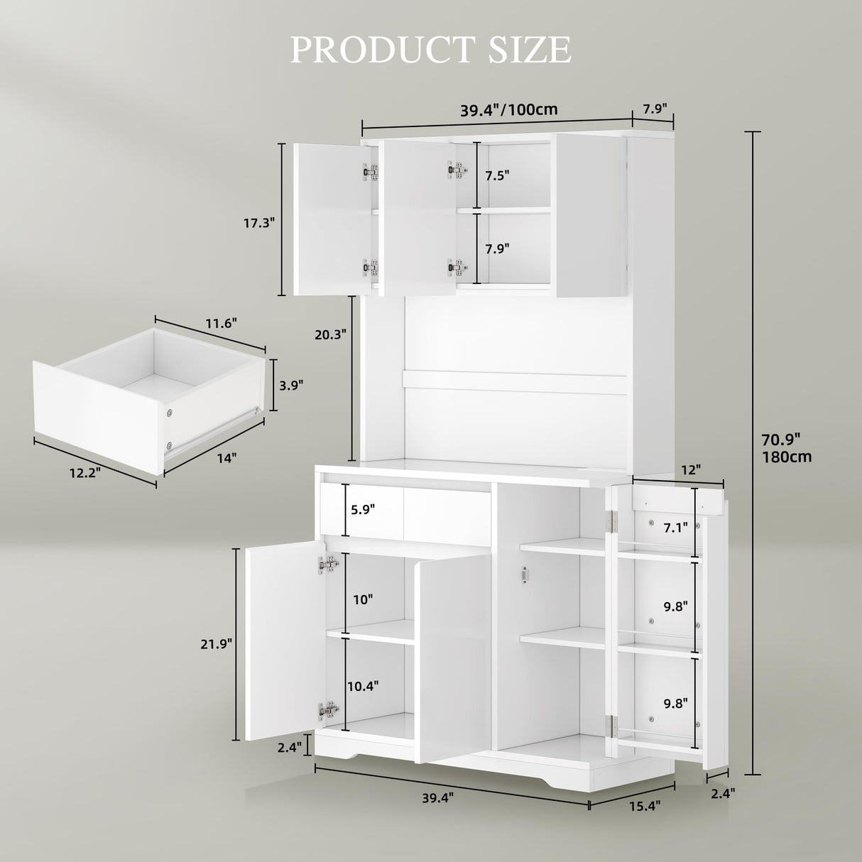 DWVO 71''Tall Kitchen Pantry Storage Cabinet, Modern Buffet Cabinet with Hutch, Kitchen Hutch Cabinet with Outlet, Large Food Pantry Cabinet with Doors and Shelves, Wine Rack for Dining Room, White DWVO